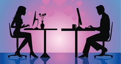 Silhouette illustration of a man and woman chatting on the computer